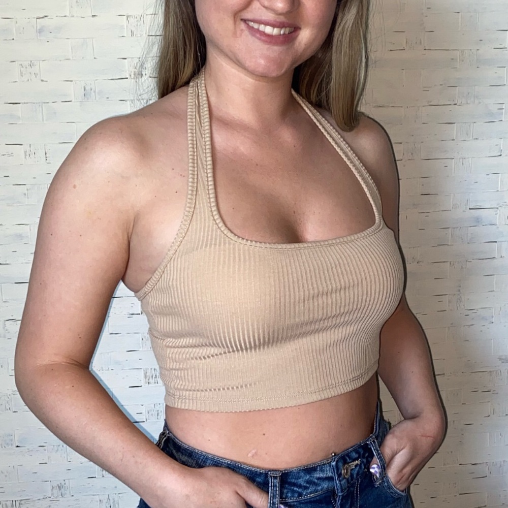 Beige Cropped Halter Neck Tank